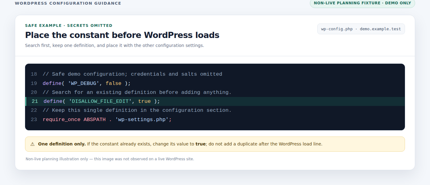 Non-live demo of wp-config.php with DISALLOW_FILE_EDIT before WordPress loads