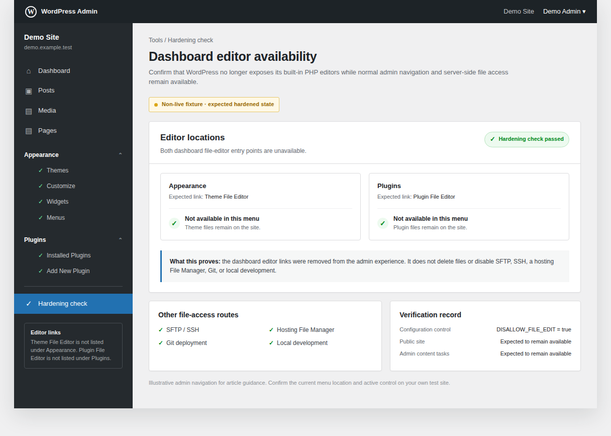 Non-live WordPress admin demo with Theme File Editor and Plugin File Editor unavailable