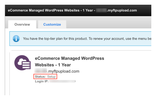GoDaddy Managed WordPress overview panel with a visible Status field