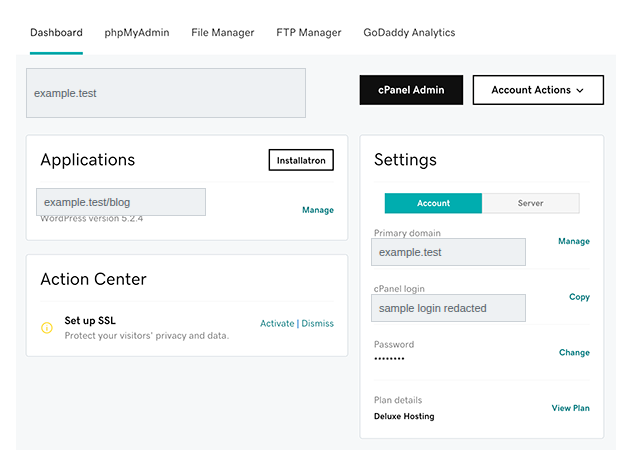 GoDaddy hosting dashboard showing WordPress, cPanel Admin, and account controls