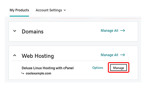 GoDaddy My Products hosting row with a Manage control