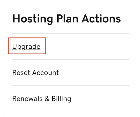GoDaddy hosting plan actions panel with an Upgrade option