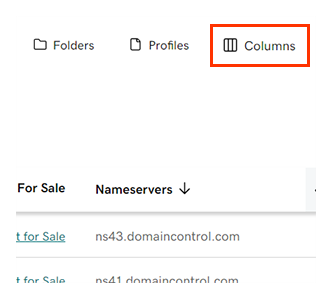 GoDaddy Domain Portfolio with Folders, Profiles, and Columns controls