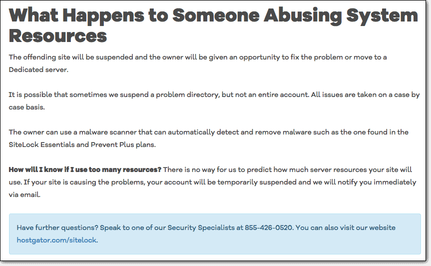 Information displayed on a HostGator suspended site page