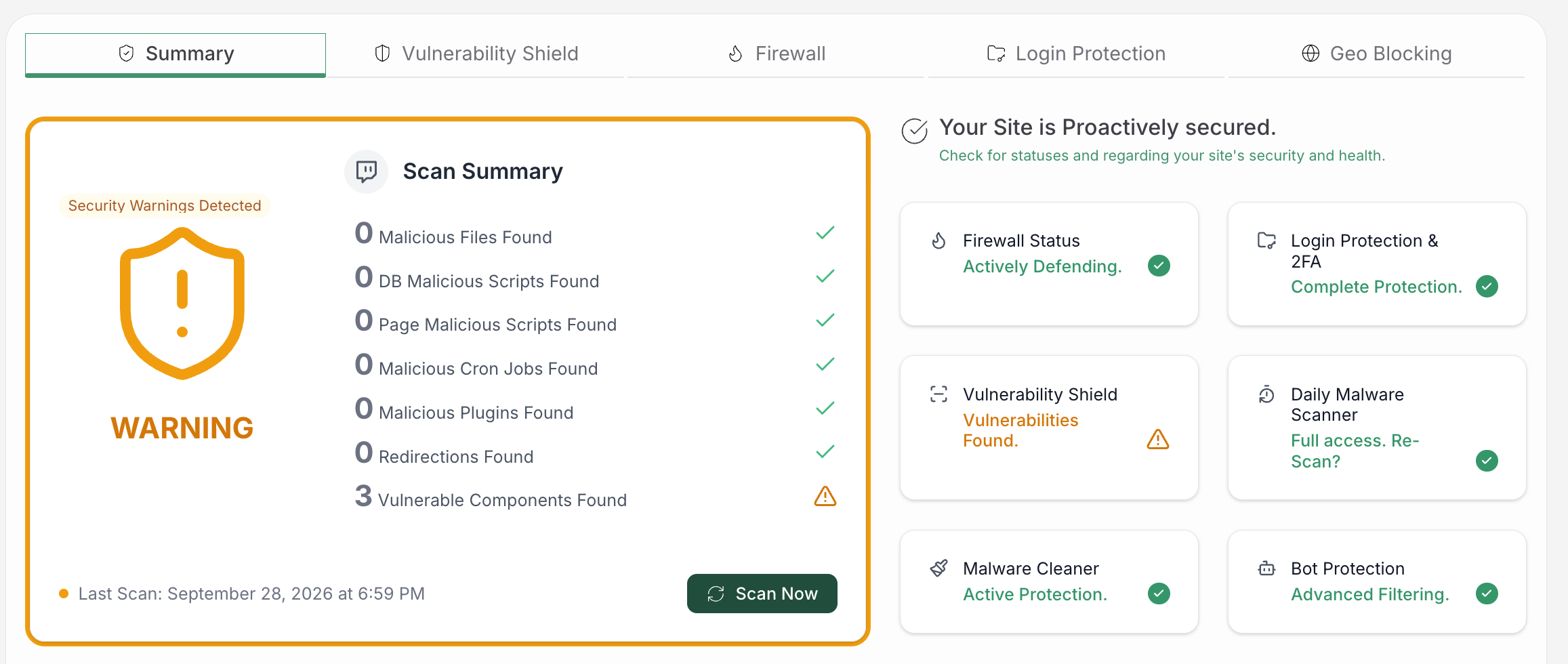 MalCare WordPress security scan summary