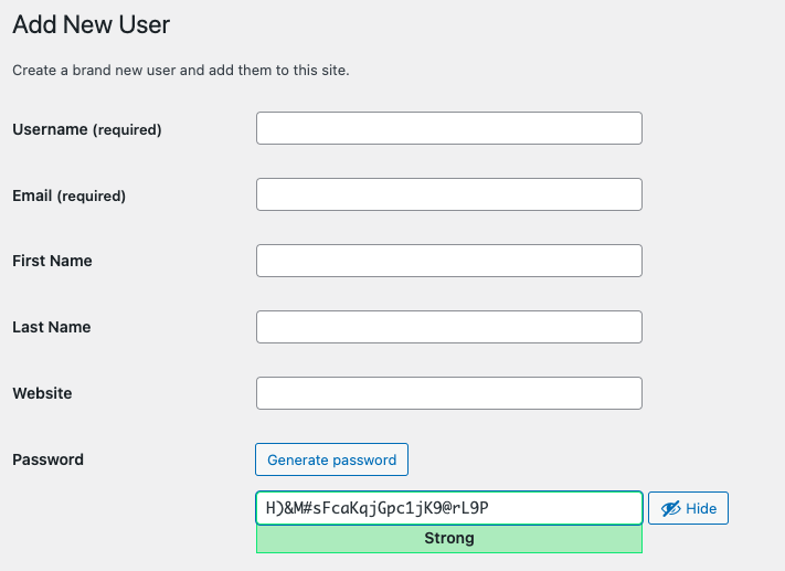 WordPress Add New User page