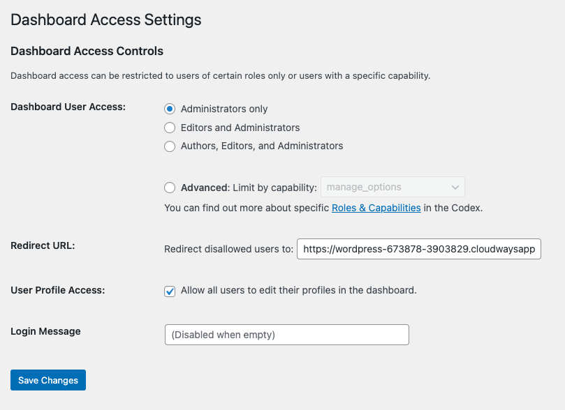 Remove Dashboard Access plugin settings page