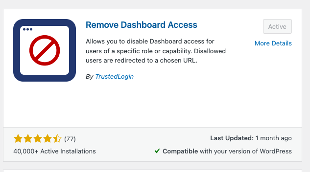 WordPress Plugins page showing Remove Dashboard Access