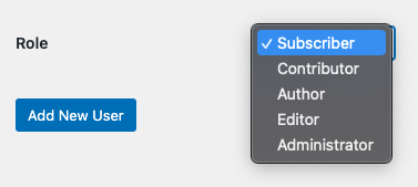 WordPress user role dropdown showing available roles