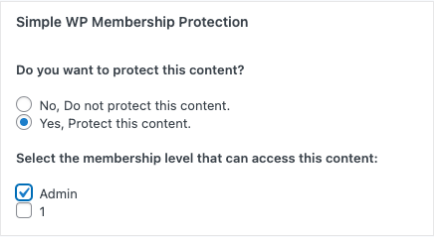 WordPress page editor protection panel with an allowed membership level selected