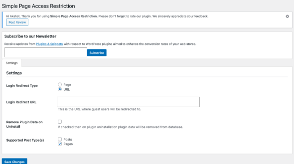 Simple Page Access Restriction settings with login redirect options configured