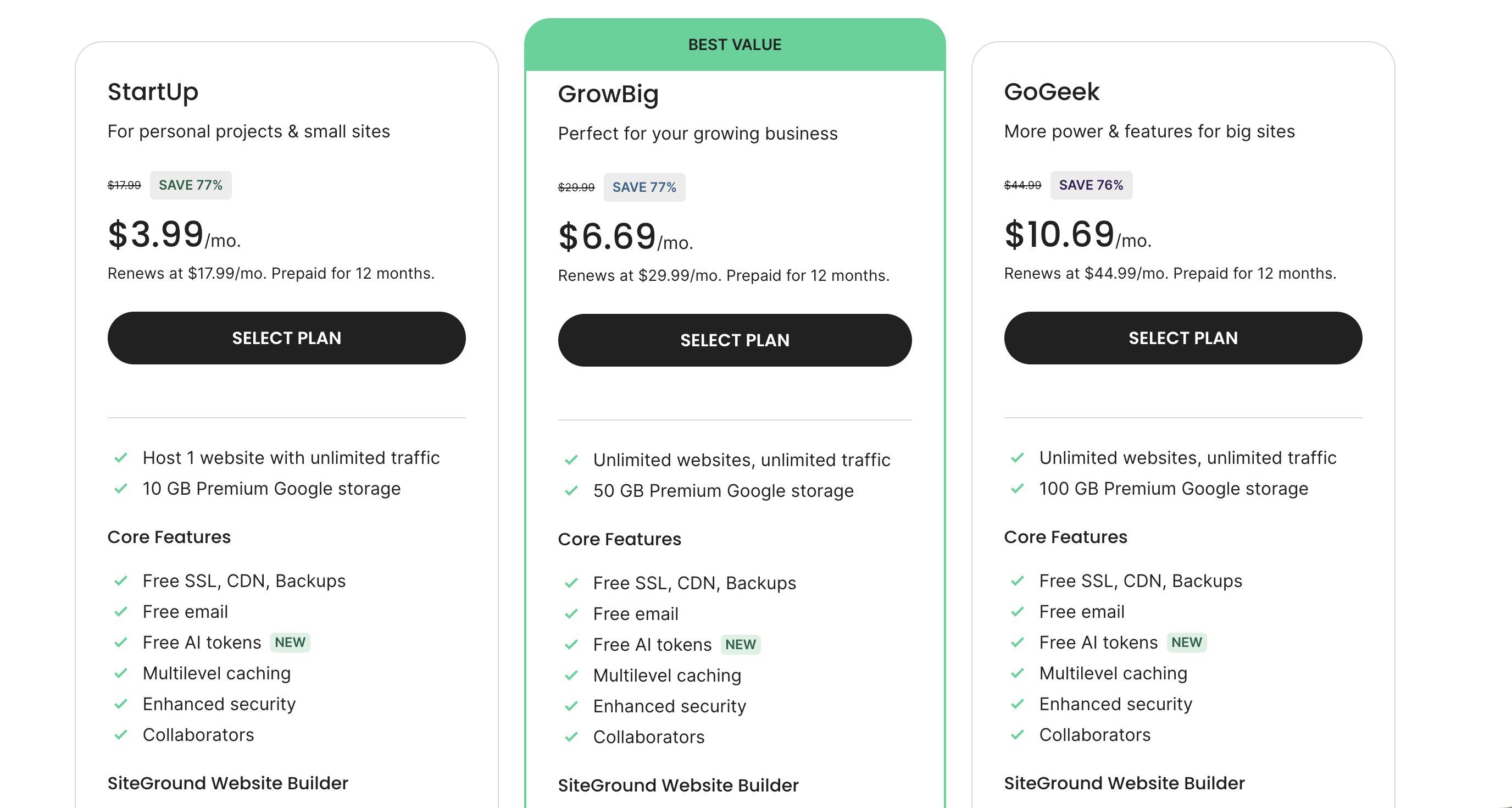 SiteGround hosting plan pricing comparison