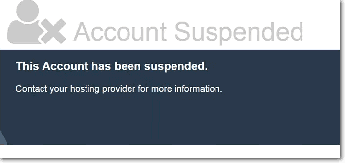 Browser notice stating that the hosting account has been suspended
