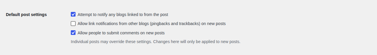 WordPress Settings > Discussion showing the default link-notification setting turned off with a warning that individual posts may override it