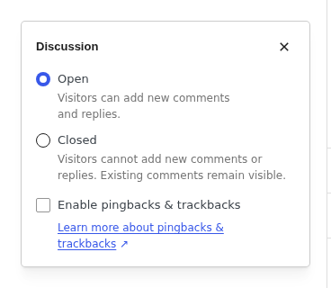 WordPress block editor Discussion panel on a new post showing pingbacks and trackbacks closed