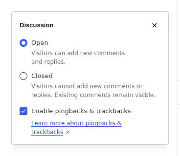 WordPress block editor Discussion panel on an existing post with Enable pingbacks and trackbacks still checked