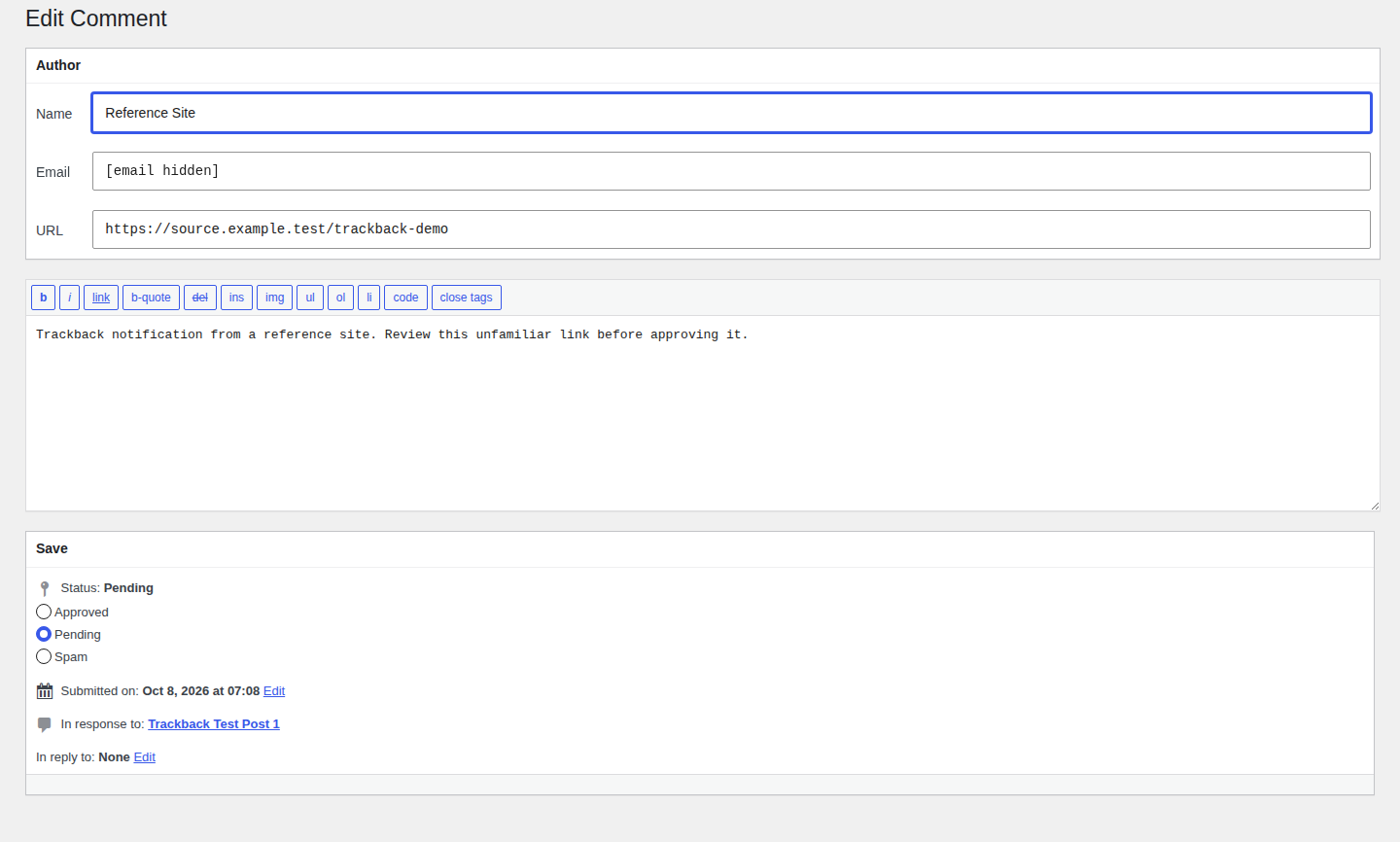 Pending trackback-like notification in the WordPress Edit Comment screen