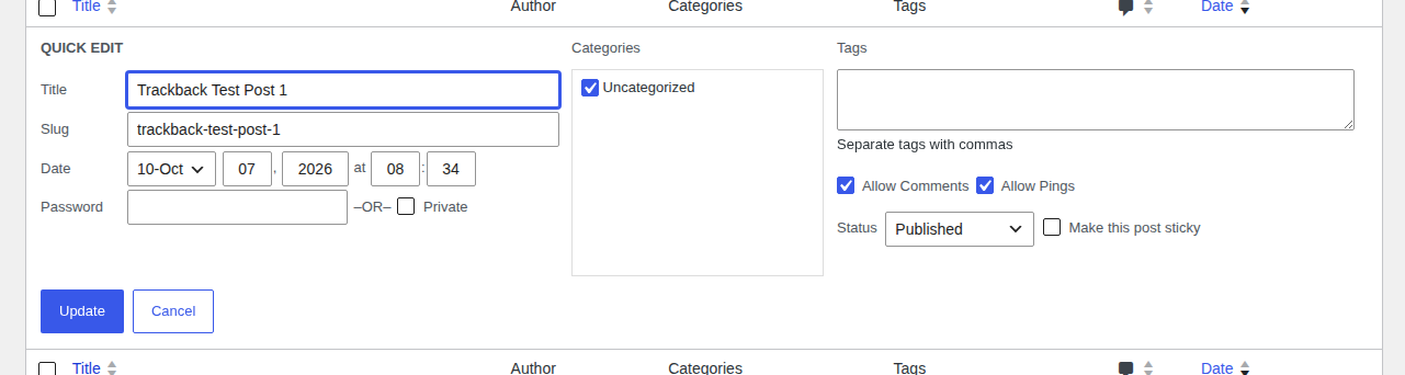 WordPress Quick Edit showing separate Allow Comments and Allow Pings controls