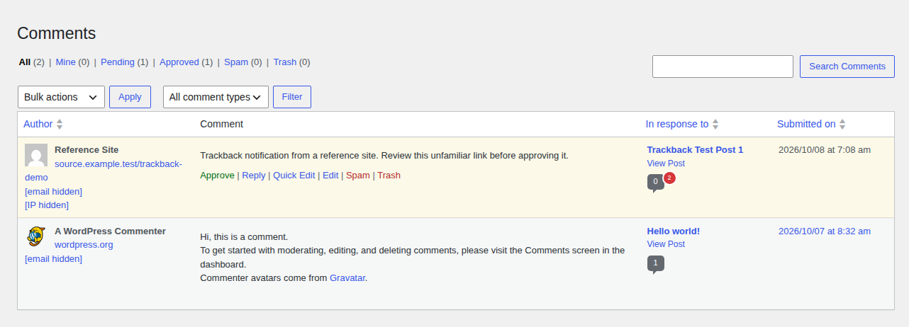 WordPress Comments list showing a pending trackback-like notification beside an approved comment
