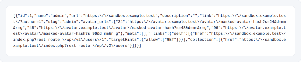 Public WordPress REST users response showing identity fields