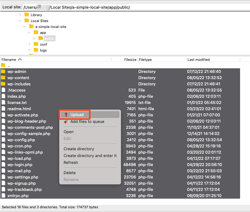 Uploading files via FileZilla