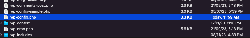 File manager showing the wp-config.php file in the WordPress root directory