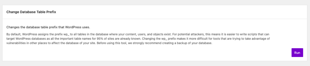 Solid Security prompt to change the WordPress database prefix