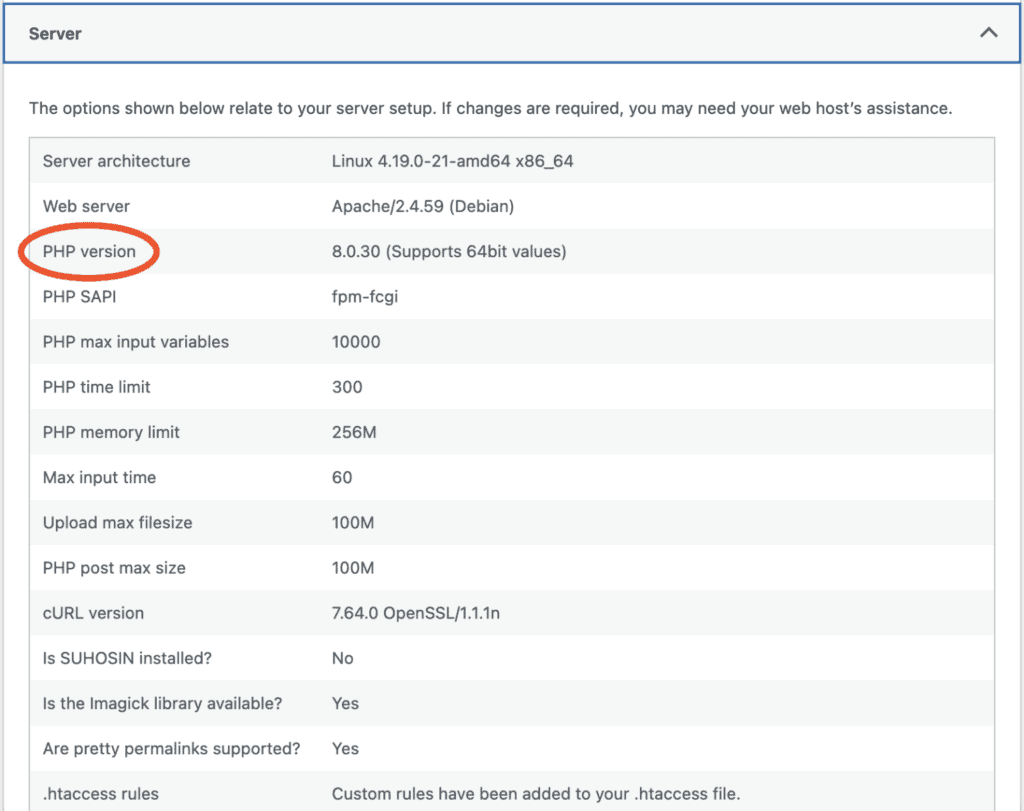 Hosting control panel showing the current PHP version and server settings
