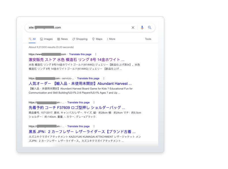 Search results showing unexpected spam and foreign-language content