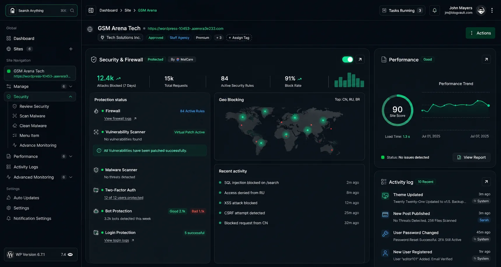 MalCare dashboard — Security & Firewall overview