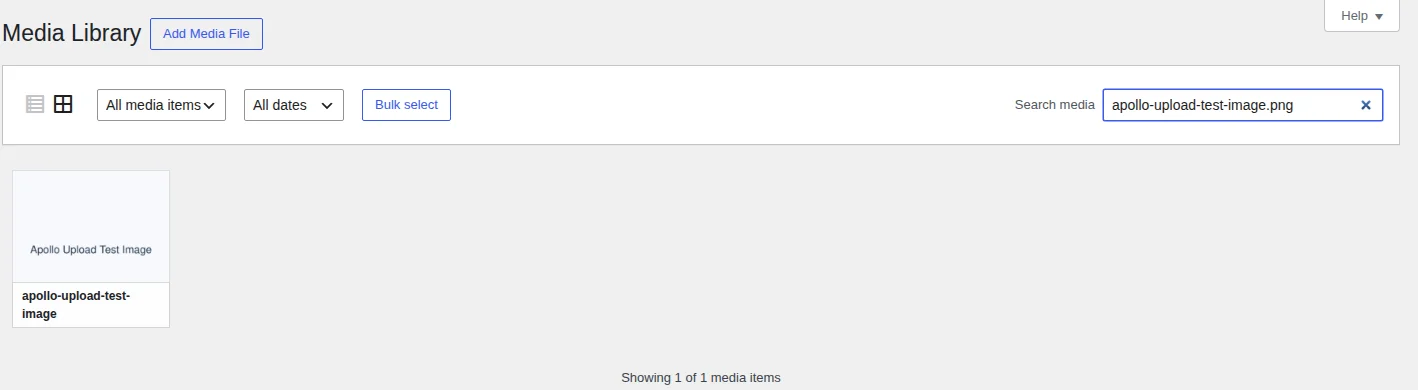 Searching the WordPress Media Library for the just-uploaded test file, showing one matching item.