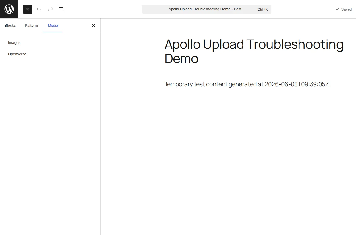 The WordPress block editor with the media inserter open, retrying the upload inside a draft post.