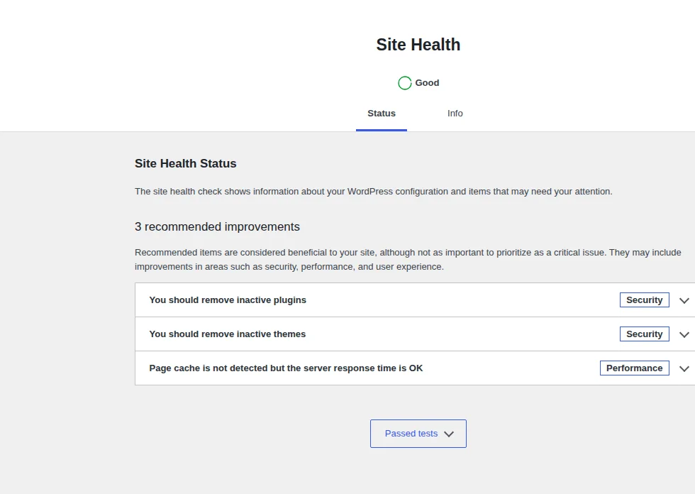 WordPress Site Health Status overview showing recommended improvements.