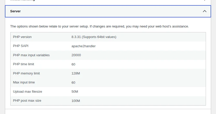 WordPress Site Health, Info, Server panel listing PHP version, upload max filesize and post max size.