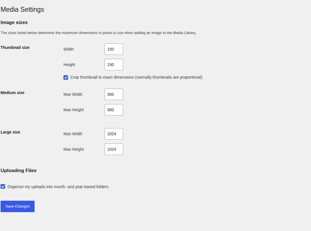WordPress Media Settings showing thumbnail, medium and large image size dimensions.