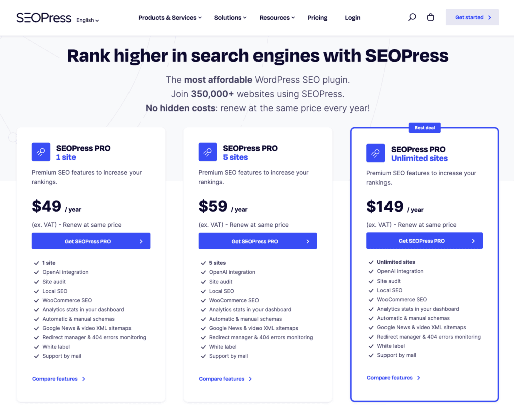 SEOPress pricing plans