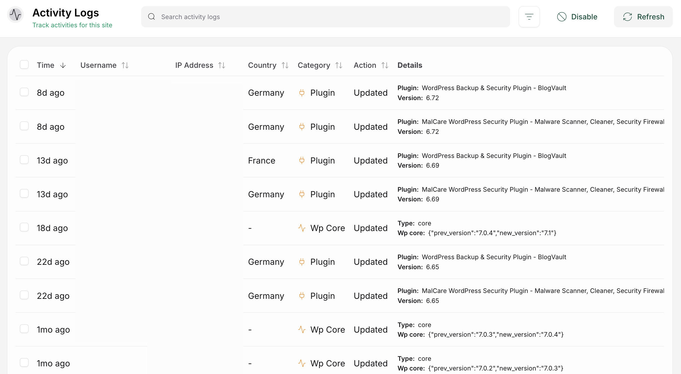 MalCare activity logs showing recorded website events
