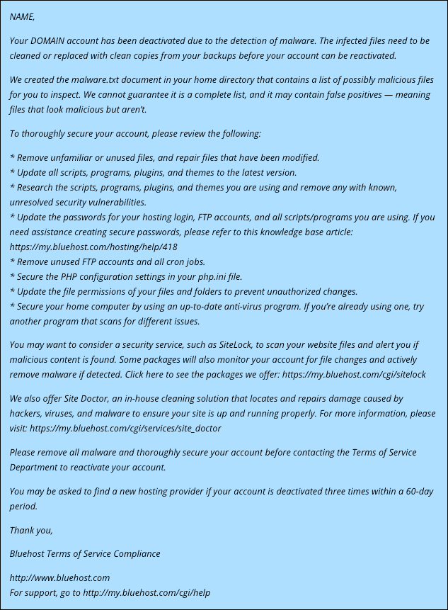 Bluehost account suspension message