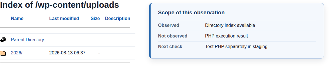 Uploads directory listing showing that PHP execution needs a separate test