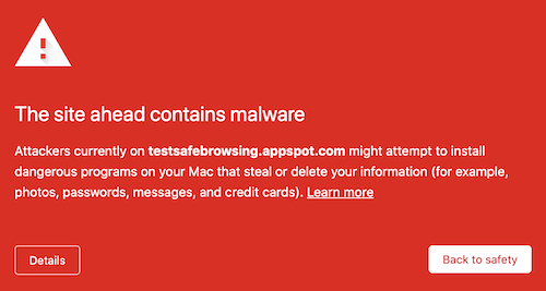 Chrome malware warning shown for a site flagged by Google