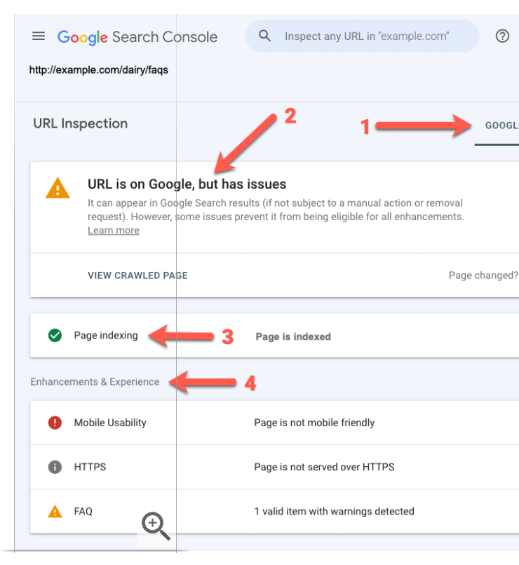 Google Search Console URL Inspection result showing a page issue