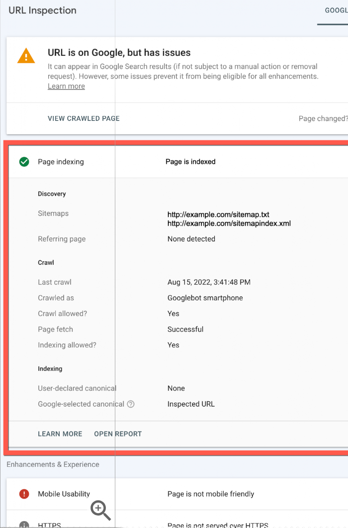 Google Search Console URL Inspection page indexing details