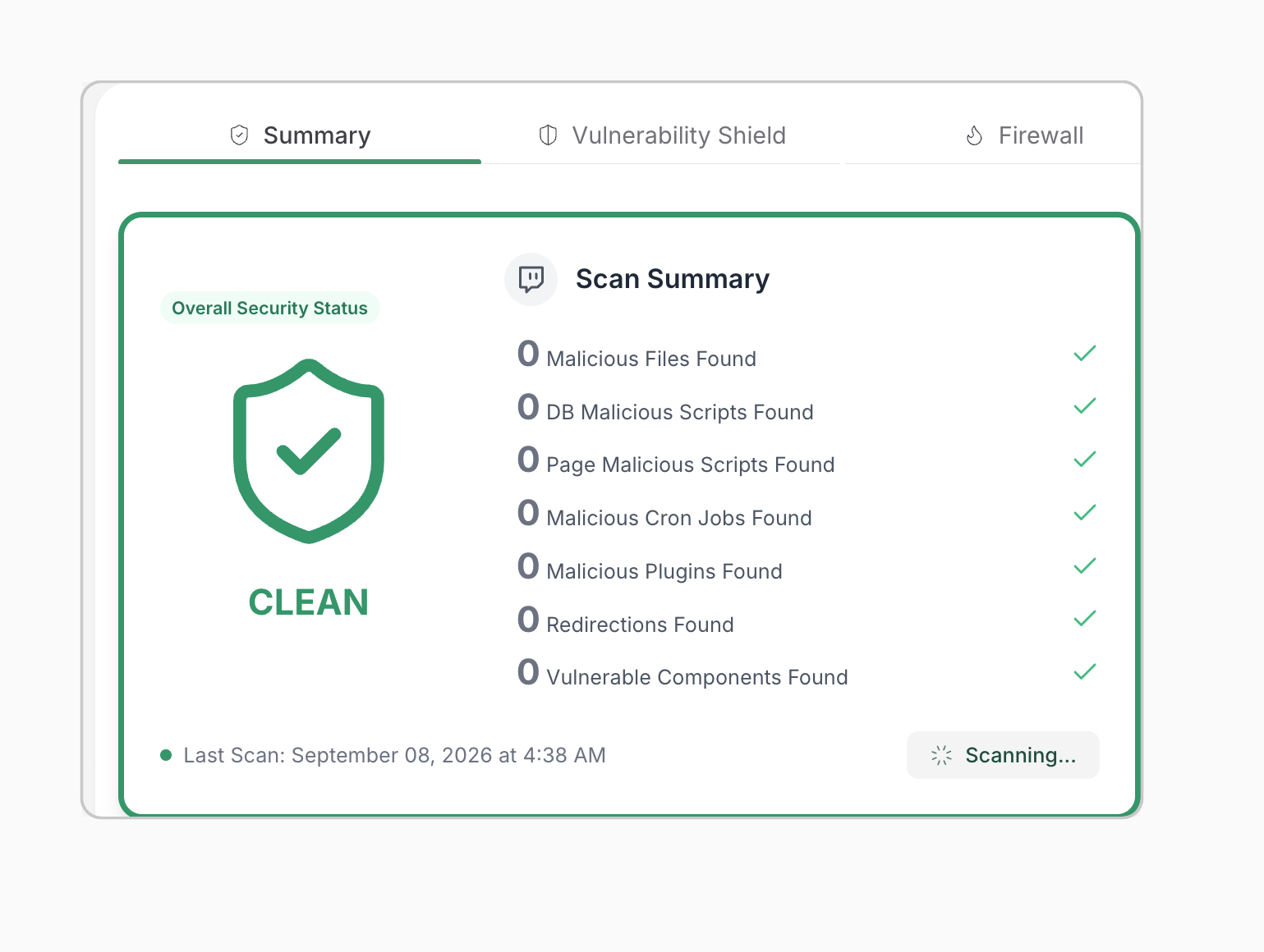 MalCare scan summary showing a clean status and zero findings across security checks