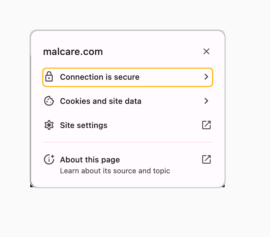 Chrome site information panel showing a secure connection for malcare.com