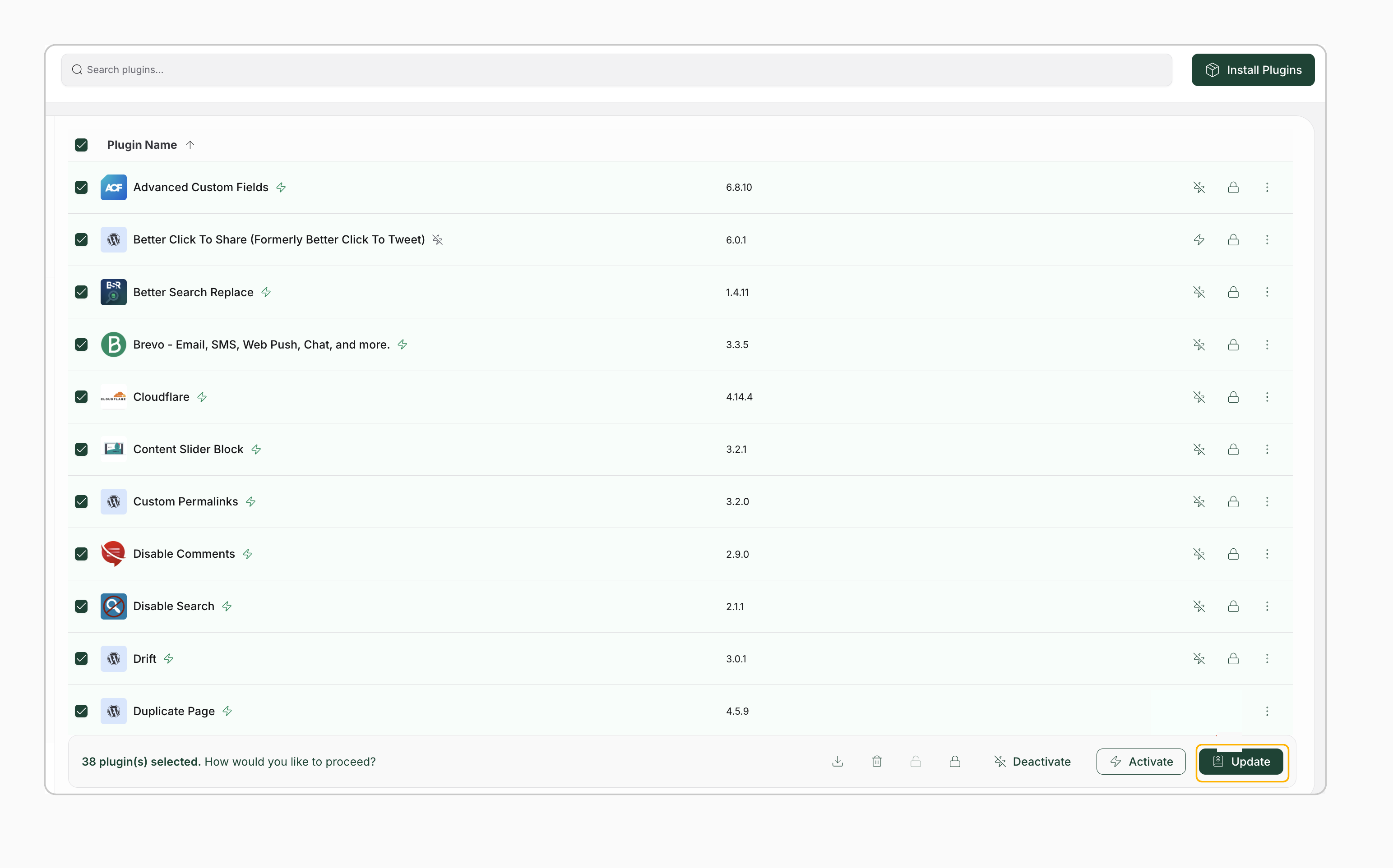 WordPress plugin management screen with multiple plugins selected and the Update button visible