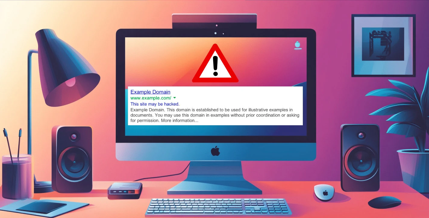 Computer displaying a warning symbol above a suspicious search result