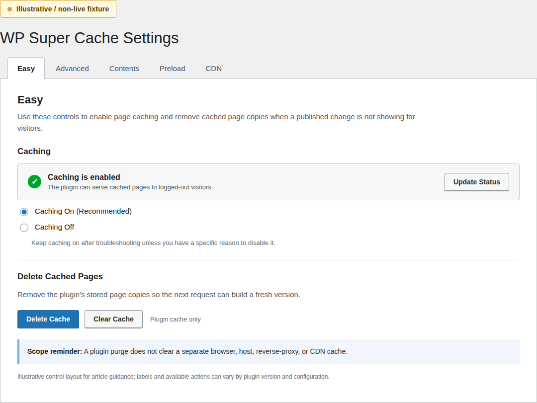 WP Super Cache settings showing page-cache purge controls