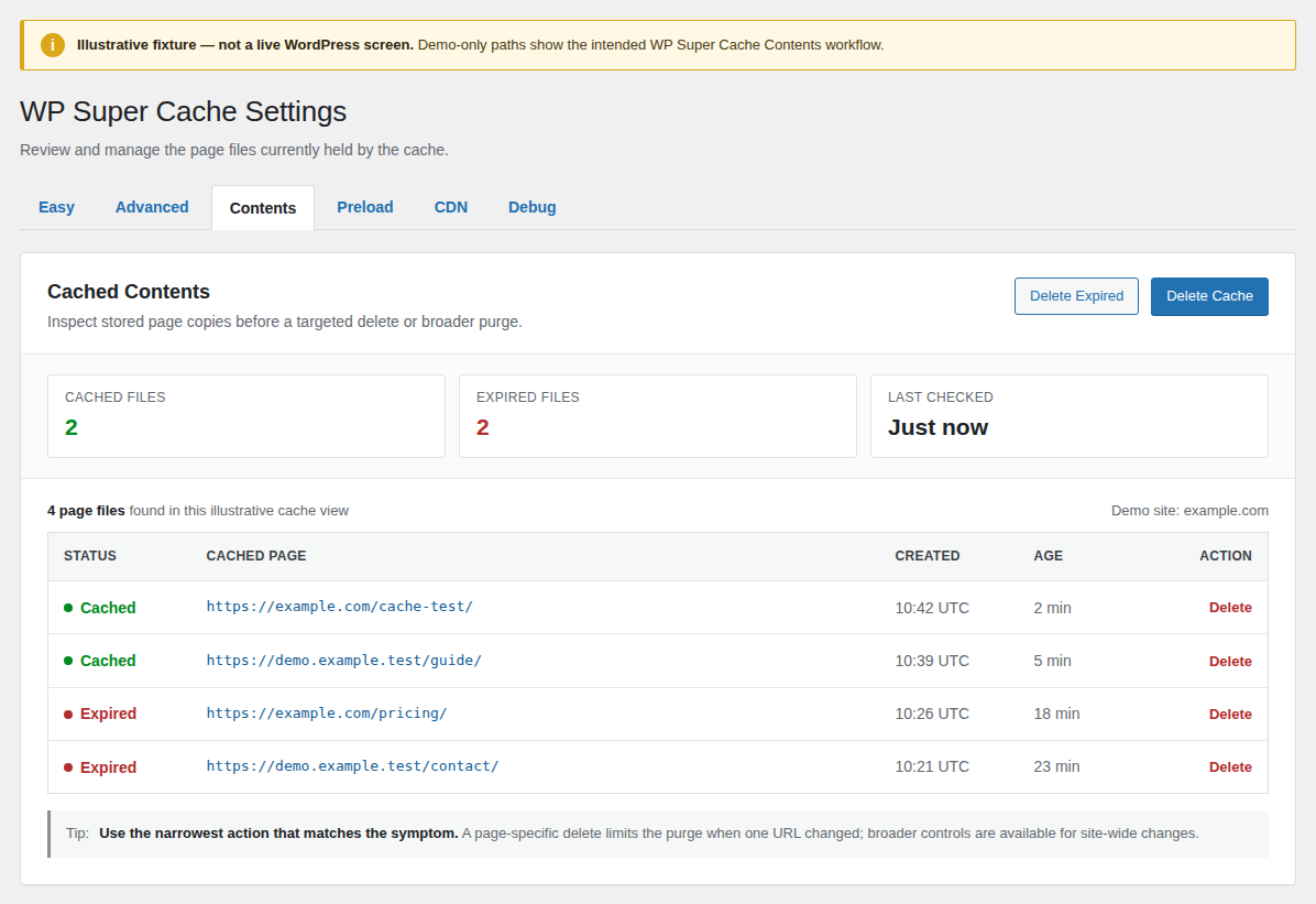 WP Super Cache Contents screen showing cached and expired demo files
