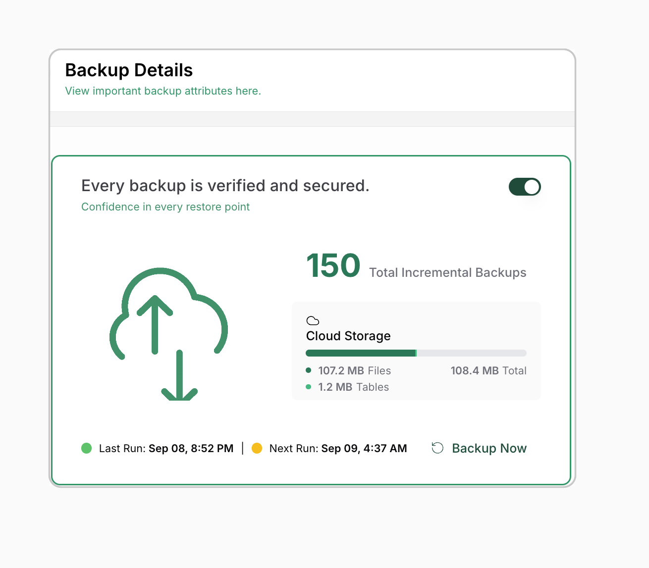 BlogVault Backup Details showing verified and secured backups