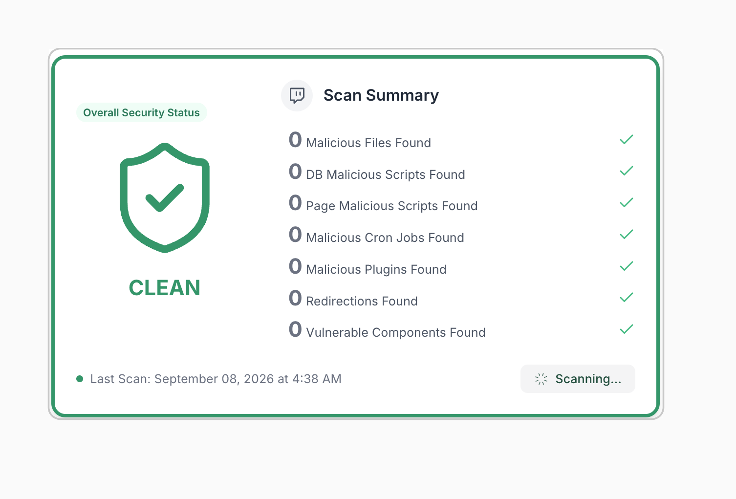 MalCare Scan Summary showing a clean security status